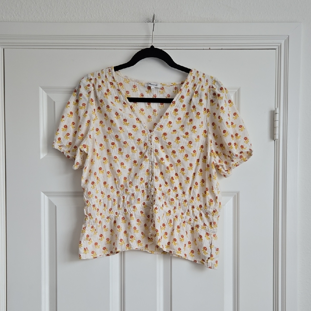 Madewell Cream Floral Short-Sleeve Button Blouse